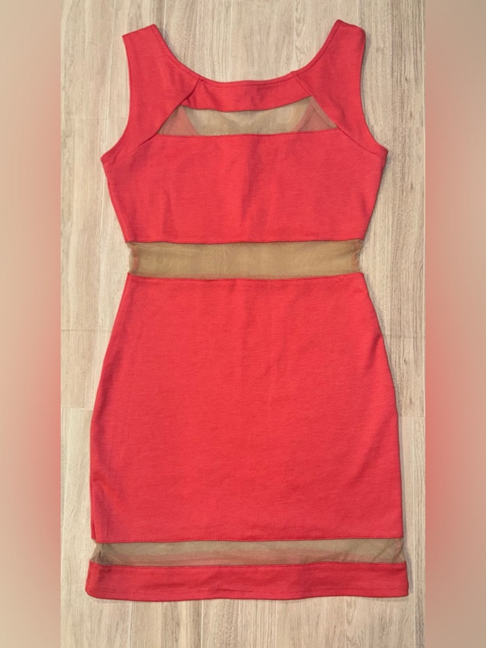 Y2K Coral Mesh-Panel Bodycon Dress - size Small